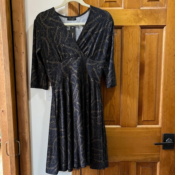 Black V-Neck Fit and Flare Dress with 3/4 Sleeves - Picture 1 of 4